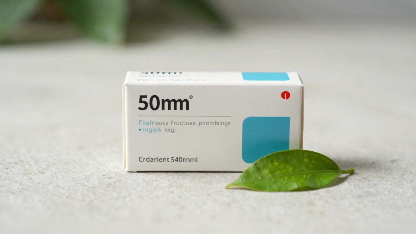 Editorial still life of a health product box beside a small green