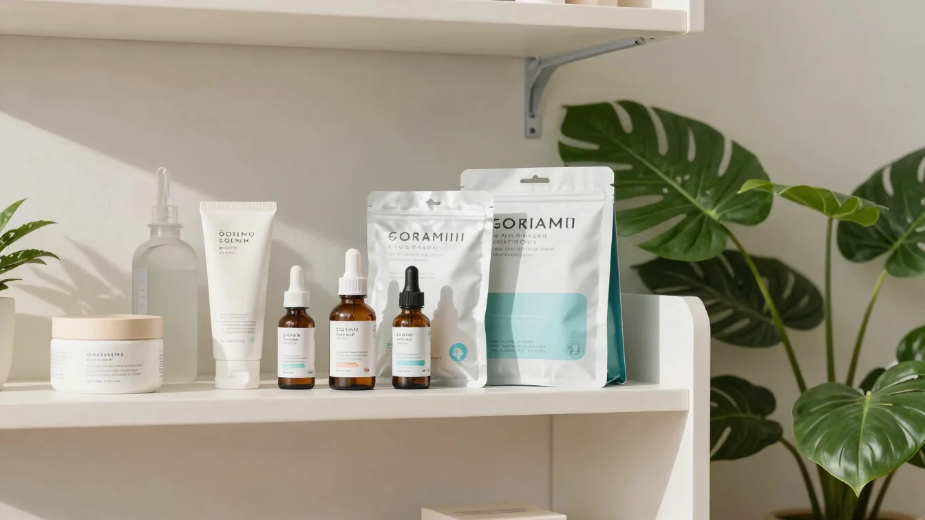 Modern tidy workspace shelf with a few skincare and wellness pack