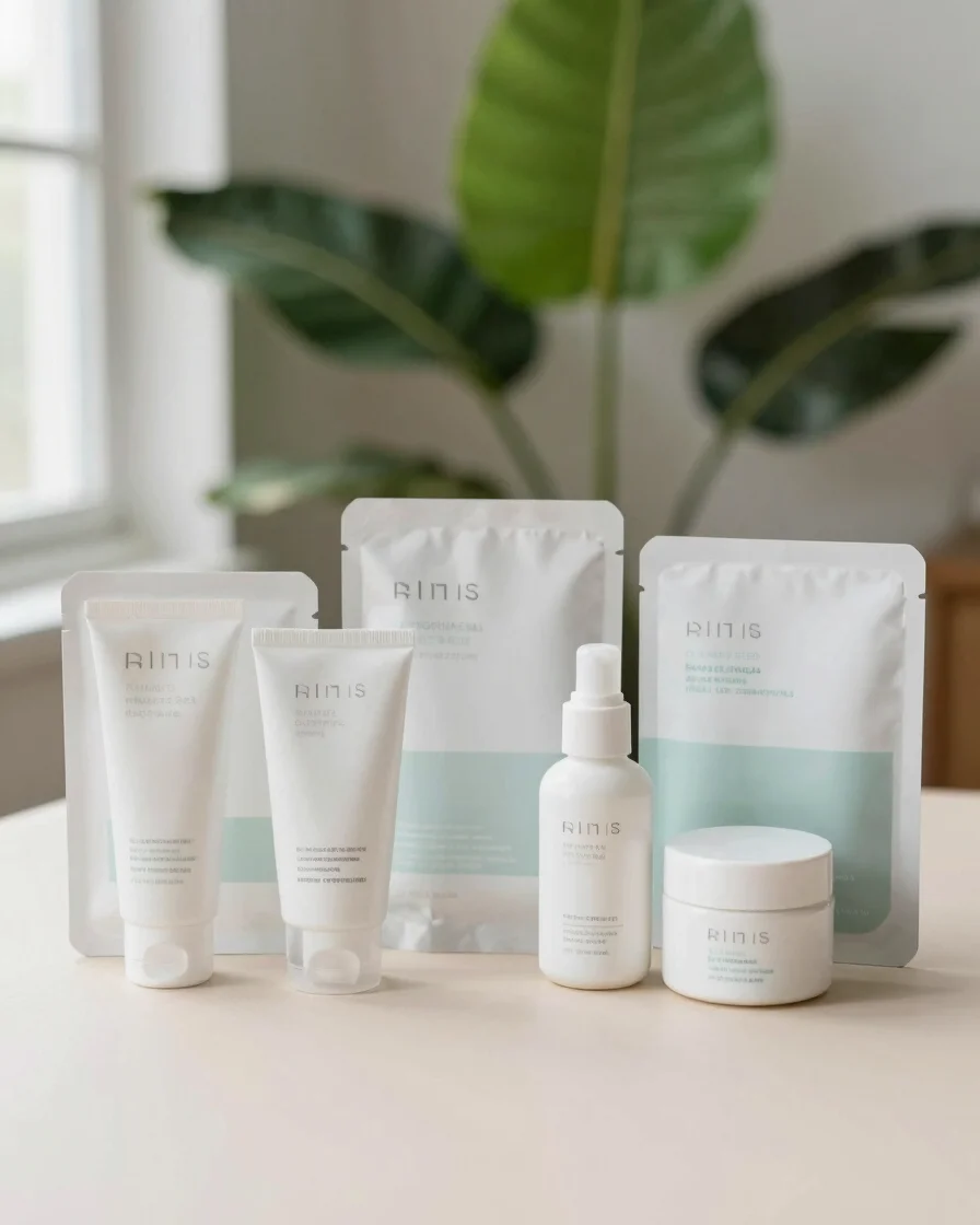 Editorial product photography of neatly arranged skincare and hea